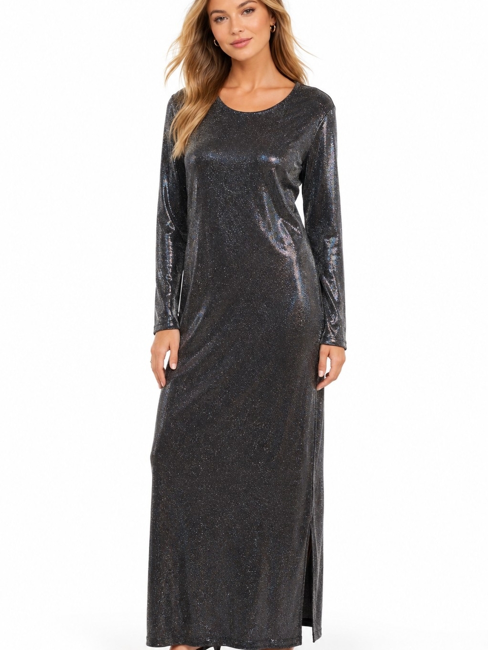 Adore Me Metallic Charcoal Maxi Dress with Long Sleeves